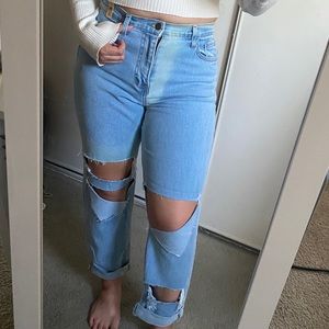 High waisted baby blue ripped jeans